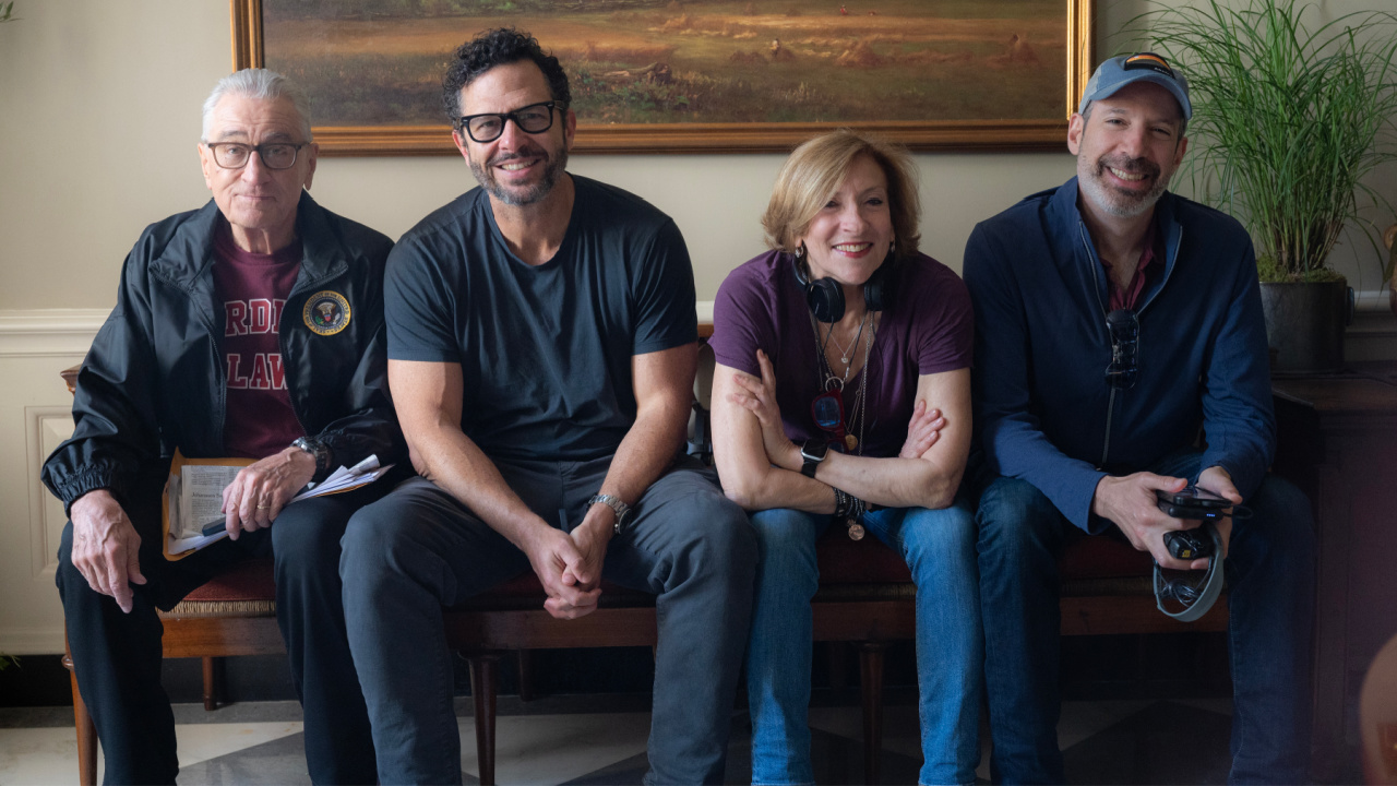 (L to R) Robert De Niro, Executive Producer Eric Newman, Director Lesli Linka Glatter and Executive Producer Noah Oppenheim behind the scenes of 'Zero Day'. Photo: Jojo Whilden/Netflix © 2024.