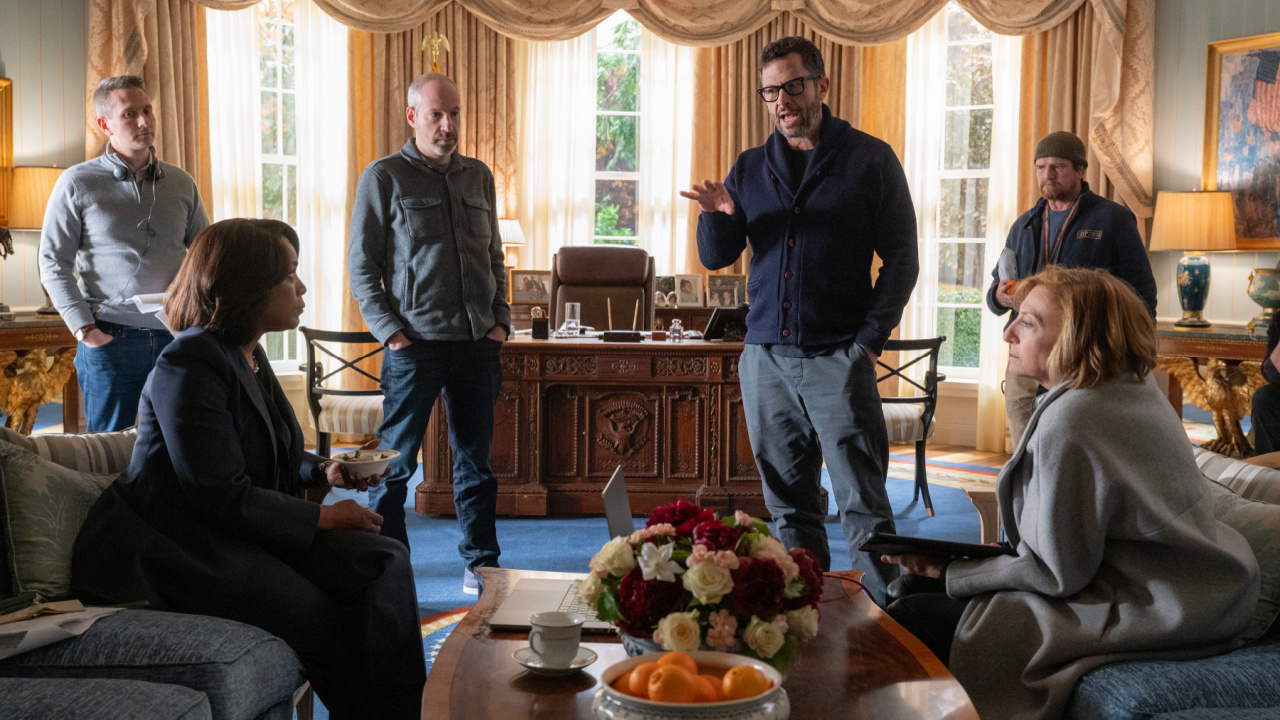 (L to R) Angela Bassett as President Mitchell, Executive Producer Noah Oppenheim, Executive Producer Eric Newman and Director Lesli Linka Glatter behind the scenes of 'Zero Day'. Photo: Jojo Whilden/Netflix © 2024.