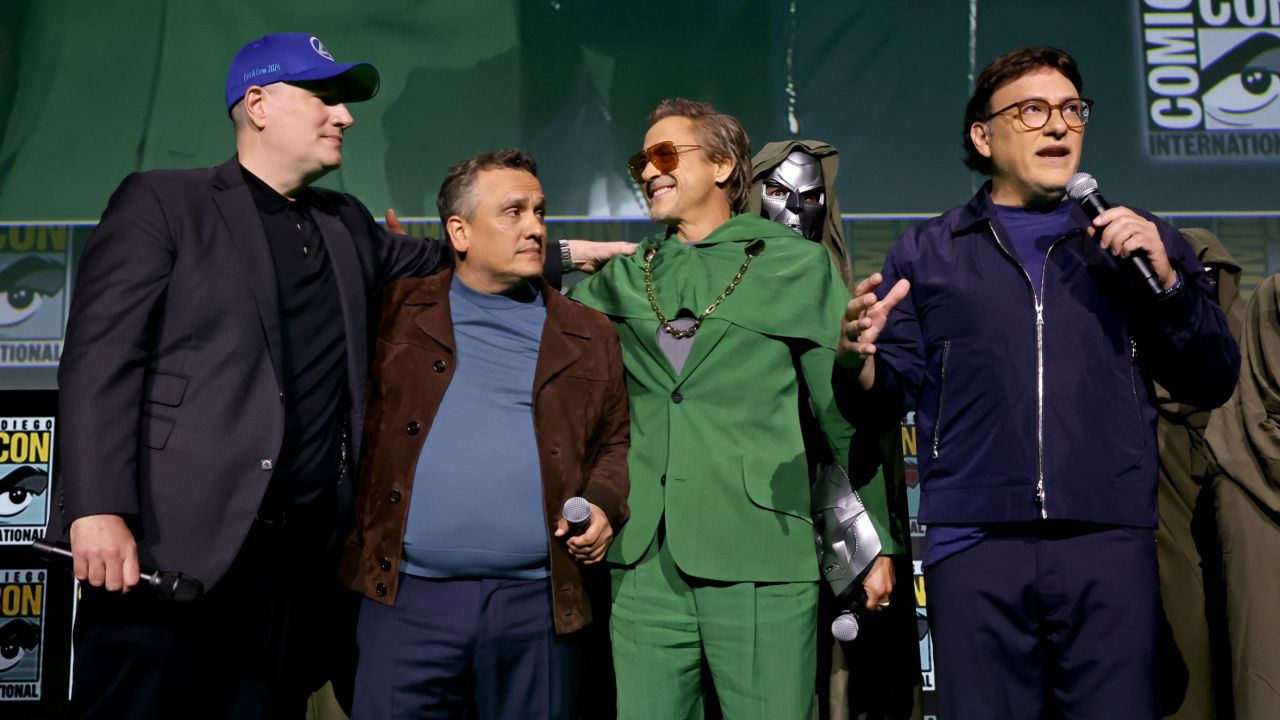 (L to R) Kevin Feige, Joe Russo, Robert Downey Jr., and Anthony Russo present 'Avengers: Doomsday' at San Diego Comic-Con 2024. © 2024 20th Century Studios / © and ™ 2024 MARVEL.
