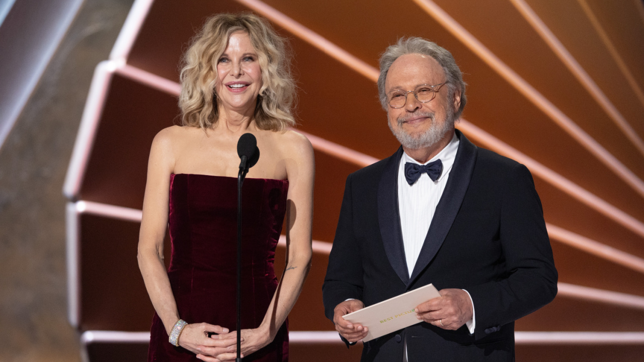 (L to R) Meg Ryan and Billy Crystal present the Oscar® for Best Picture during the live ABC Telecast of the 97th Oscars® at the Dolby® Theatre at Ovation Hollywood on Sunday, March 2, 2025. Credit/Provider: Trae Patton / The Academy. Copyright: ©A.M.P.A.S.