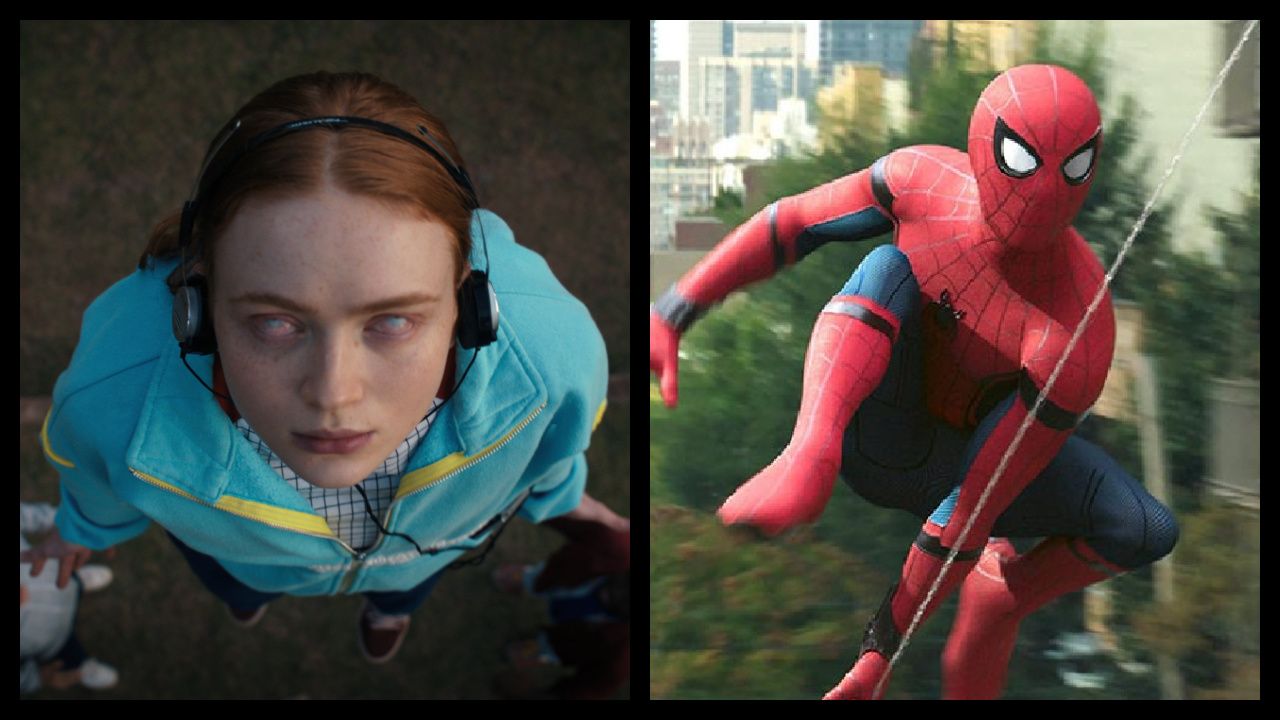 (Left) Sadie Sink as Max Mayfield in 'Stranger Things'. Photo: Courtesy of Netflix © 2022. (Right) Tom Holland in 'Spider-Man: Homecoming'. Photo: Marvel Studios.