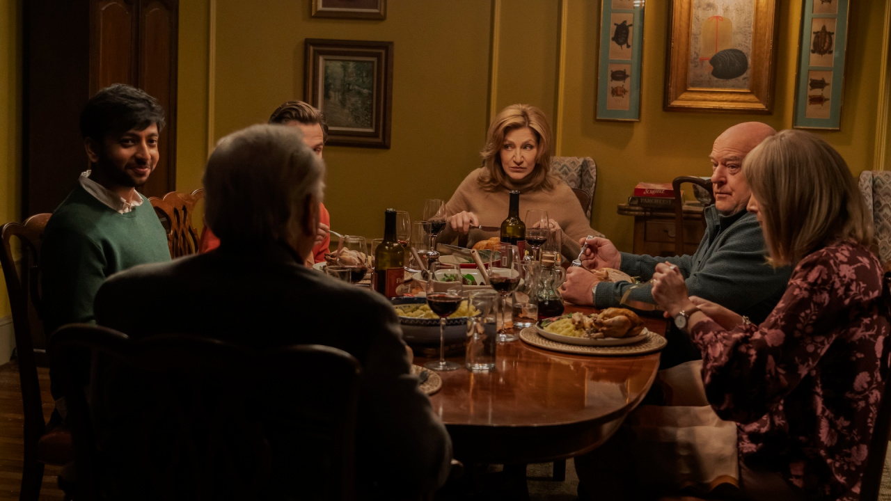 (L to R) Brian Cox, Nik Dodani, Brandon Flynn, Edie Falco, Dean Norris, Lisa Kudrow in 'The Parenting'. Photo: Courtesy of Max.