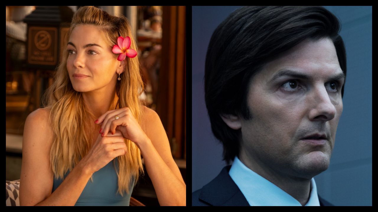 (Left) Michelle Monaghan in 'The White Lotus' Season 3. Photo: Fabio Lovino/HBO. (Right) Adam Scott in 'Severance', now streaming on Apple TV+.