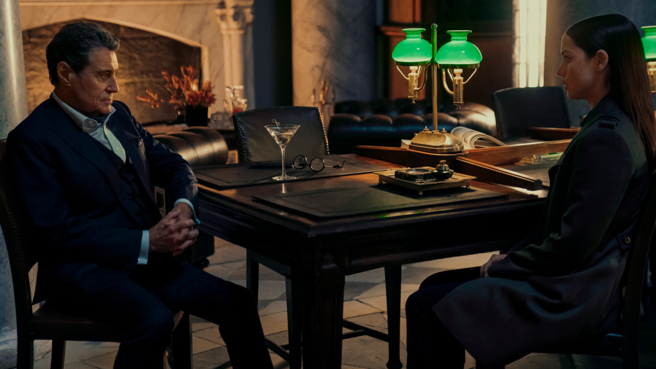 (L to R) Ian McShane as Winston Scott and Ana de Armas as Eve in 'Ballerina'. Photo: Courtesy of Lionsgate.