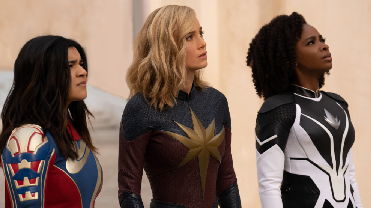 (L to R) Iman Vellani as Ms. Marvel/Kamala Khan, Brie Larson as Captain Marvel/Carol Danvers, and Teyonah Parris as Captain Monica Rambeau in Marvel Studios' 'The Marvels.' Photo by Laura Radford. © 2023 MARVEL.