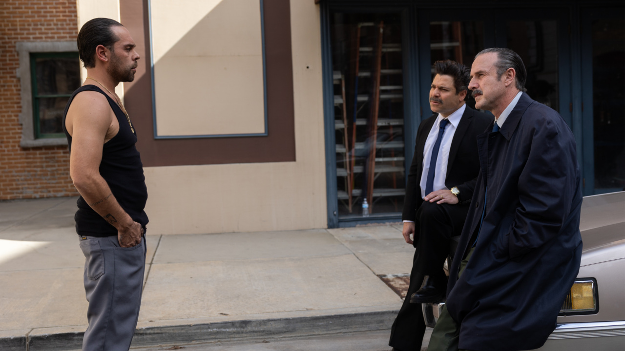 (L to R) Kyle Stefanski as “Phil Hughes,” Jeremy Luke as “Leo Bennetti” and David Arquette as “Sammy Canzano” in the crime thriller 'Mob Cops', a Lionsgate release. Photo courtesy of Lionsgate.