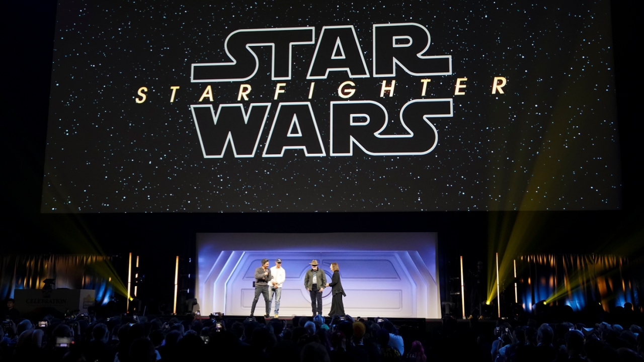 (L to R) 'Star Wars: Starfighter's director Shawn Levy, Ryan Gosling, Dave Filoni and Kathleen Kennedy at Star Wars Celebration 2025. Photo: Lucasfilm.