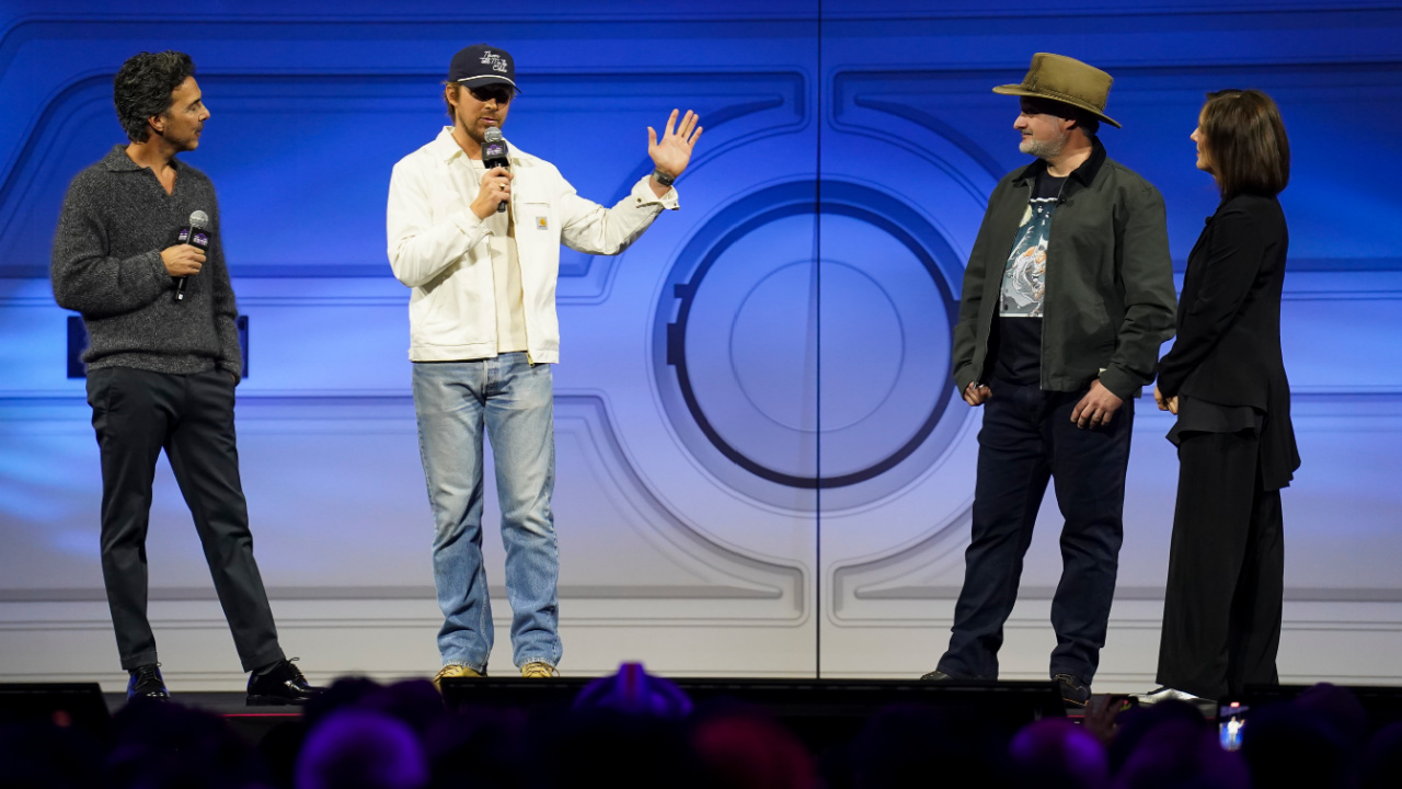 (L to R) 'Star Wars: Starfighter's director Shawn Levy, Ryan Gosling, Dave Filoni and Kathleen Kennedy at Star Wars Celebration 2025. Photo: Lucasfilm.