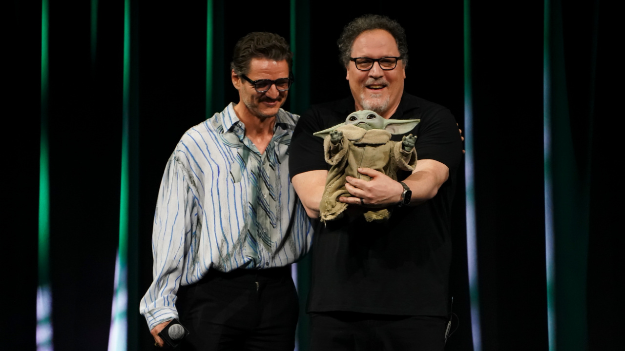 (L to R) 'The Mandalorian & Grogu's Pedro Pascal, director Jon Favreau and Grogu at Star Wars Celebration 2025. Photo: Lucasfilm.