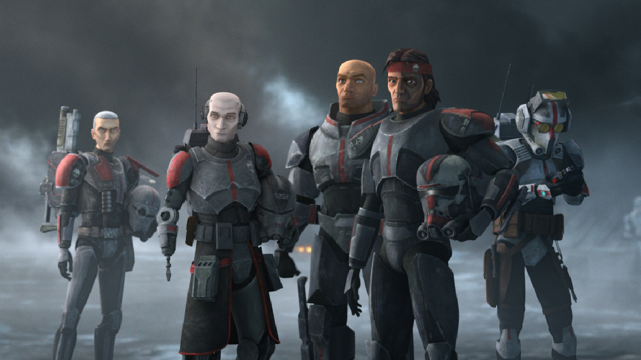 (L to R) Crosshair, Echo, Wrecker, Hunter and Tech in a scene from 'Star Wars: The Bad Batch,' exclusively on Disney+. © 2021 Lucasfilm Ltd. & ™. All Rights Reserved.