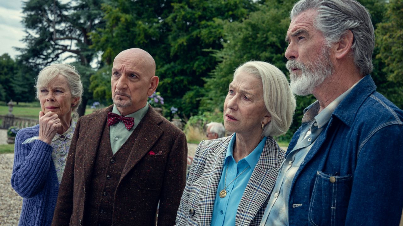 (L to R) Celia Imrie, Ben Kingsley, Helen Mirren and Pierce Brosnan in 'The Thursday Murder Club', which will launch on 28th August 2025 exclusively on Netflix. Photo: Netflix.