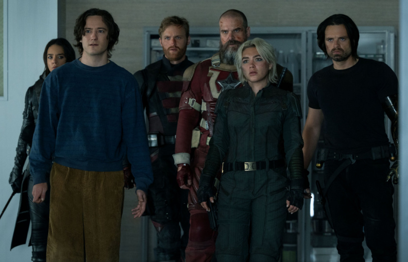 (L to R) Ghost (Hannah John-Kamen), Bob (Lewis Pullman), John Walker (Wyatt Russell), Alexei Shostakov/Red Guardian (David Harbour), Yelena Belova (Florence Pugh) and Bucky Barnes (Sebastian Stan)in Marvel Studios' 'Thunderbolts*'. Photo by Chuck Zlotnick. © 2025 Marvel.