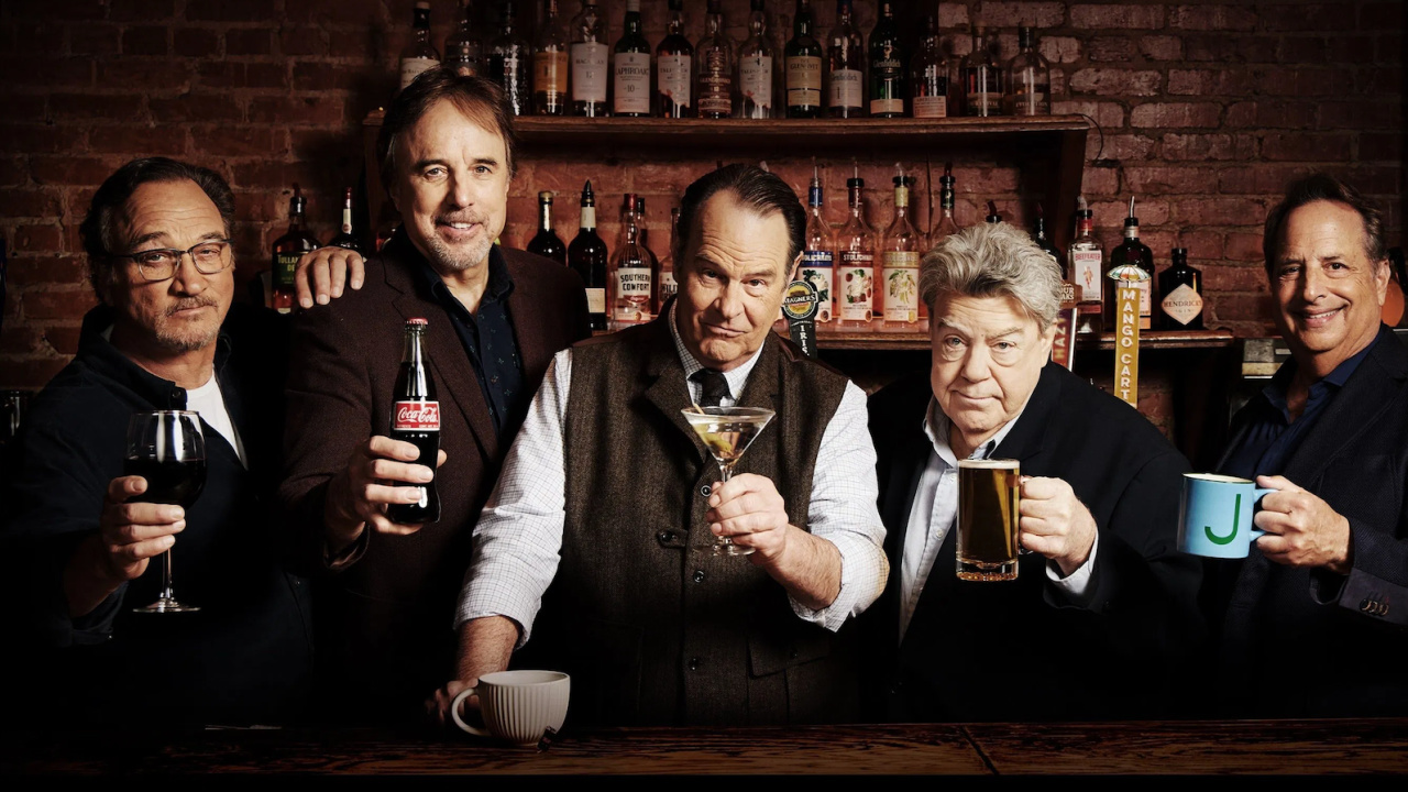 (L to R) Jim Belushi, Kevin Nealon, Dan Aykroyd, George Wendt, and Jon Lovitz in 'A History of the World in Six Glasses'. Photo: Fox Nation.