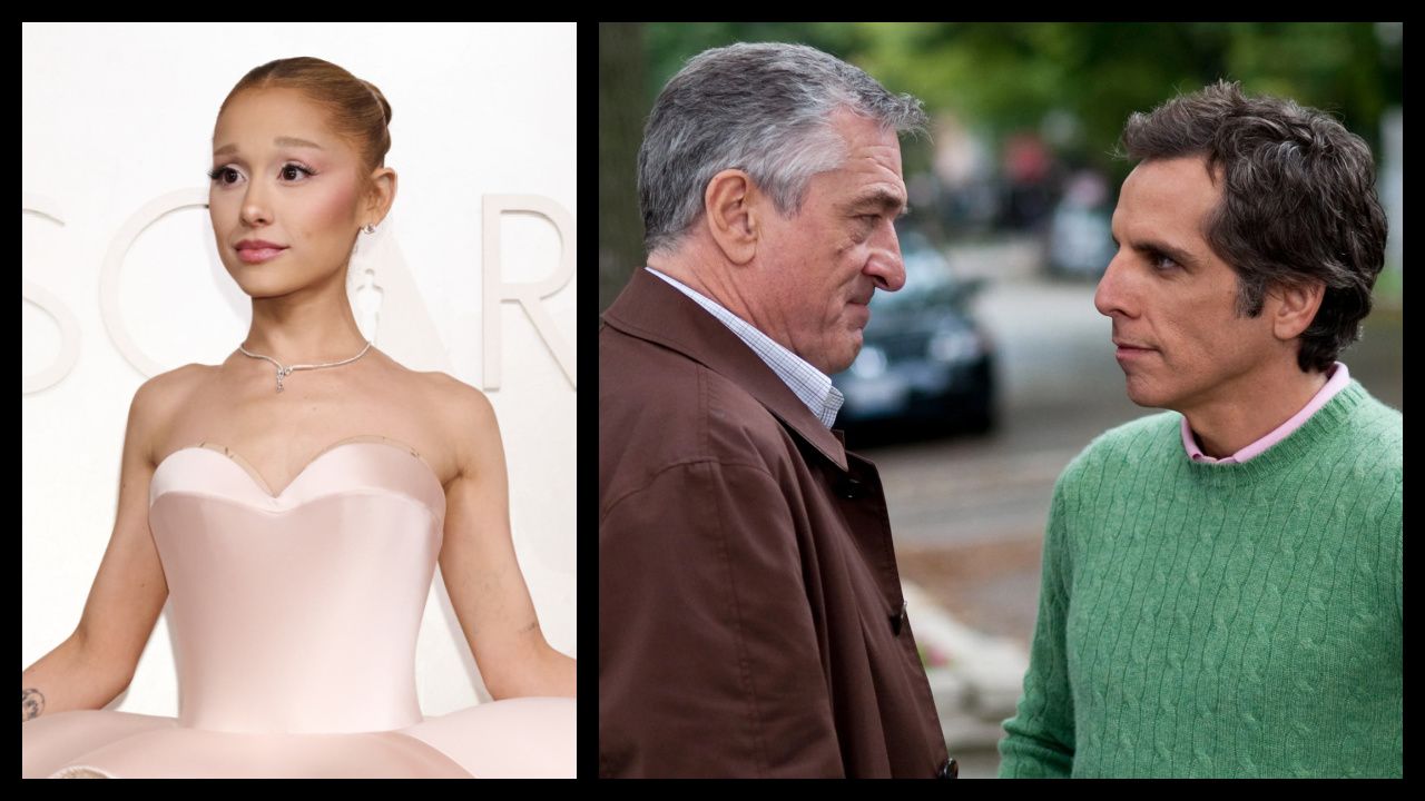 (Left) Ariana Grande arrives on the red carpet of the 97th Oscars® at the Dolby® Theatre at Ovation Hollywood on Sunday, March 2, 2025. Credit/Provider: Michael Baker / The Academy. Copyright: ©A.M.P.A.S. (Right) (L to R) Robert De Niro and Ben Stiller in 'Little Fockers'. Photo: Universal Pictures.
