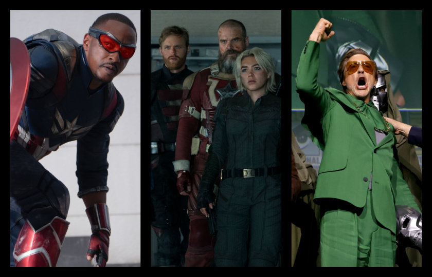 (Left) Captain America/Sam Wilson (Anthony Mackie) in Marvel Studios' 'Captain America: Brave New World'. Photo courtesy of Marvel Studios. © 2024 Marvel. (Center) (L to R) John Walker (Wyatt Russell), Alexei Shostakov/Red Guardian (David Harbour), and Yelena Belova (Florence Pugh) in Marvel Studios' 'Thunderbolts*'. Photo by Chuck Zlotnick. © 2025 Marvel. (Right) Robert Downey Jr. to play Doctor Doom in 'Avengers: Doomsday'. © 2024 20th Century Studios / © and ™ 2024 MARVEL.