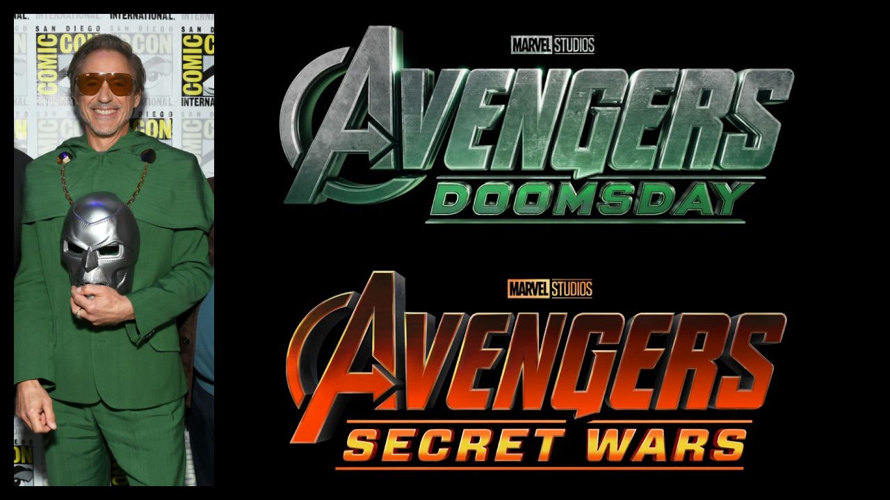 (Left) Robert Downey Jr. presents 'Avengers: Doomsday' at San Diego Comic-Con 2024. © 2024 20th Century Studios / © and ™ 2024 MARVEL. (Top Right) 'Avengers: Doomsday'. © 2024 20th Century Studios / © and ™ 2024 MARVEL. (Bottom Right) 'Avengers: Secret Wars'. © 2024 20th Century Studios / © and ™ 2024 MARVEL.