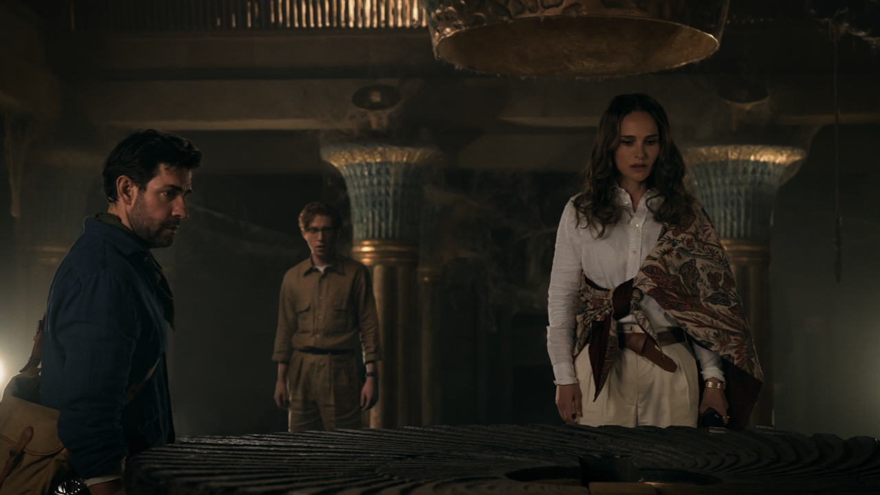 (L to R) John Krasinski, Domhnall Gleeson and Natalie Portman in 'Fountain of Youth,' premiering May 23, 2025 on Apple TV+.