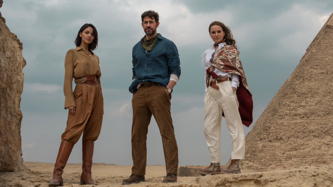 (L to R) Eiza González, John Krasinski and Natalie Portman in 'Fountain of Youth,' premiering May 23, 2025 on Apple TV+.