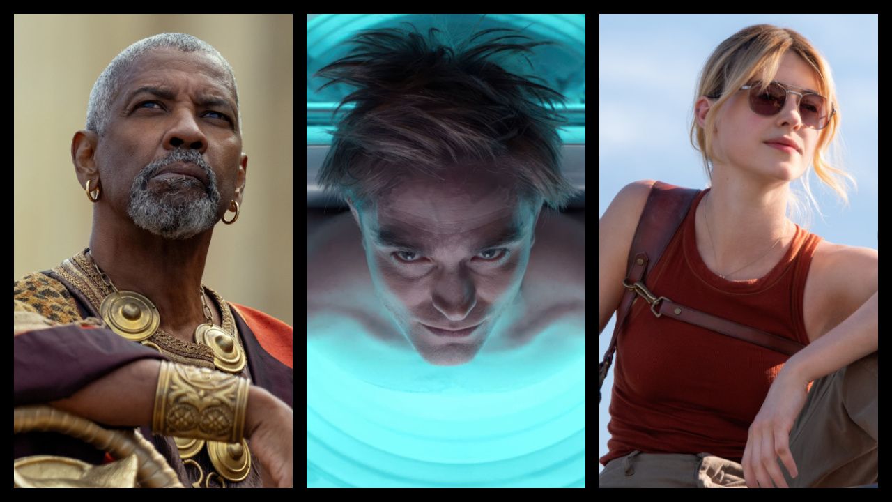 (Left) Denzel Washington plays Macrinus in 'Gladiator II' from Paramount Pictures. (Center) Robert Pattinson in 'Mickey 17'. Photo: Warner Bros. (Right) Daisy Edgar-Jones as Kate in 'Twisters', directed by Lee Isaac Chung.