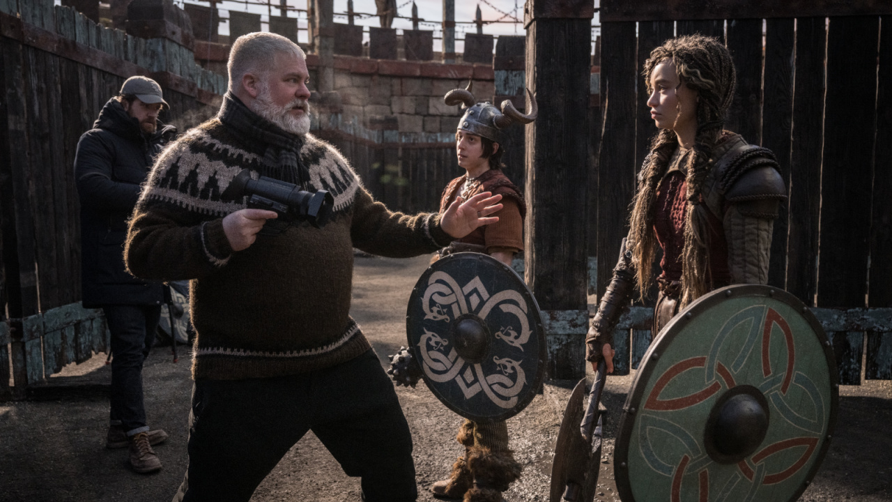 (from left) Writer-Director Dean DeBlois (left), Gabriel Howell (center) and Nico Parker (right) on the set of Universal Pictures’ live-action 'How to Train Your Dragon', written and directed by Dean DeBlois. Photo: Universal Pictures.
