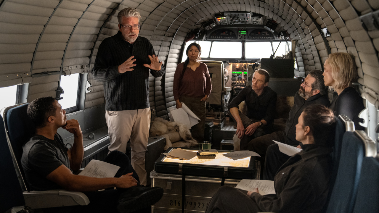 (L to R) Greg Tarzan Davis, Christopher McQuarrie, Lucy Tulugarjuk, Simon Pegg, Rolf Saxon, Pom Klementieff and Hayley Atwell on the set of 'Mission: Impossible - The Final Reckoning' from Paramount Pictures and Skydance. Photo: Paramount Pictures.