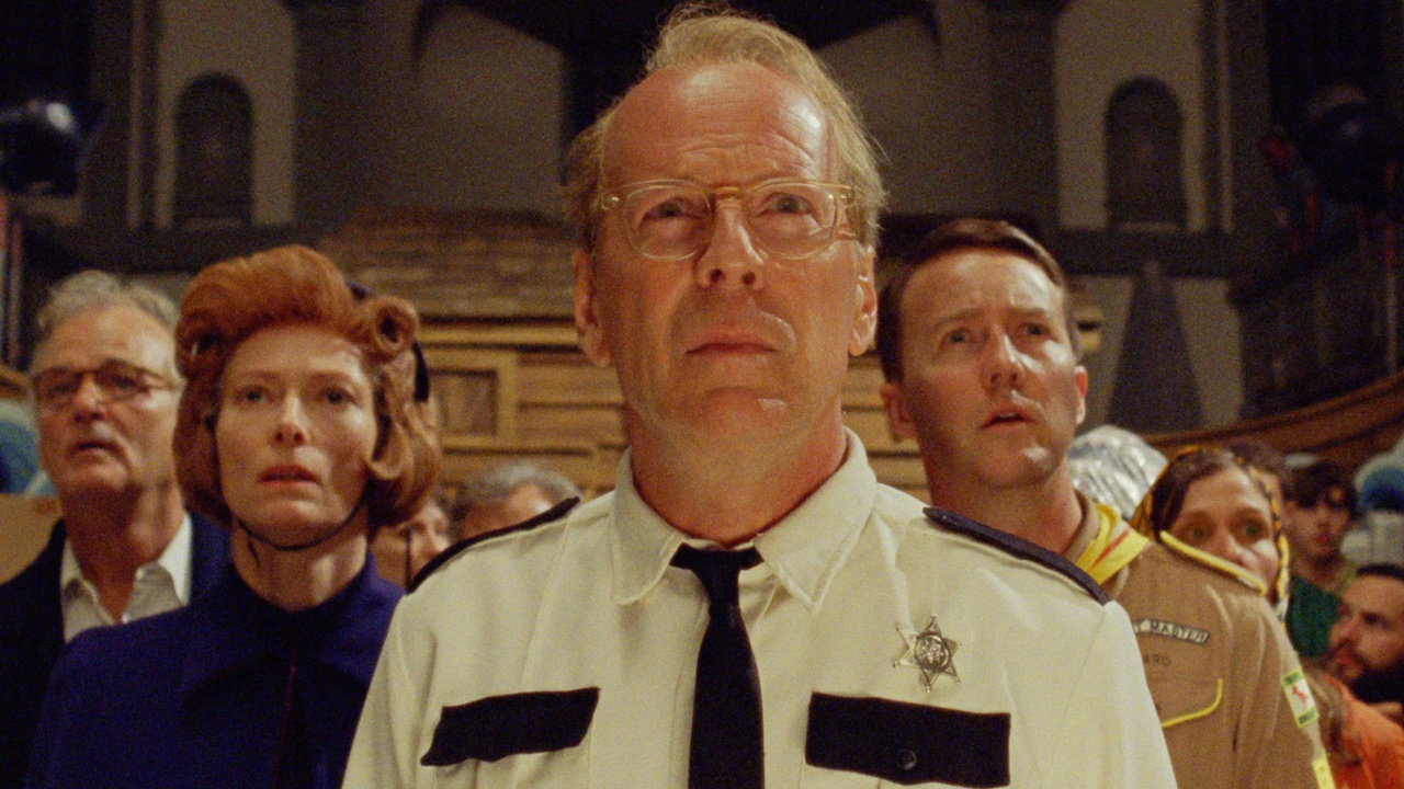 (L to R) Bill Murray, Tilda Swinton, Bruce Willis and Edward Norton in 'Moonrise Kingdom'. Photo: Focus Features.