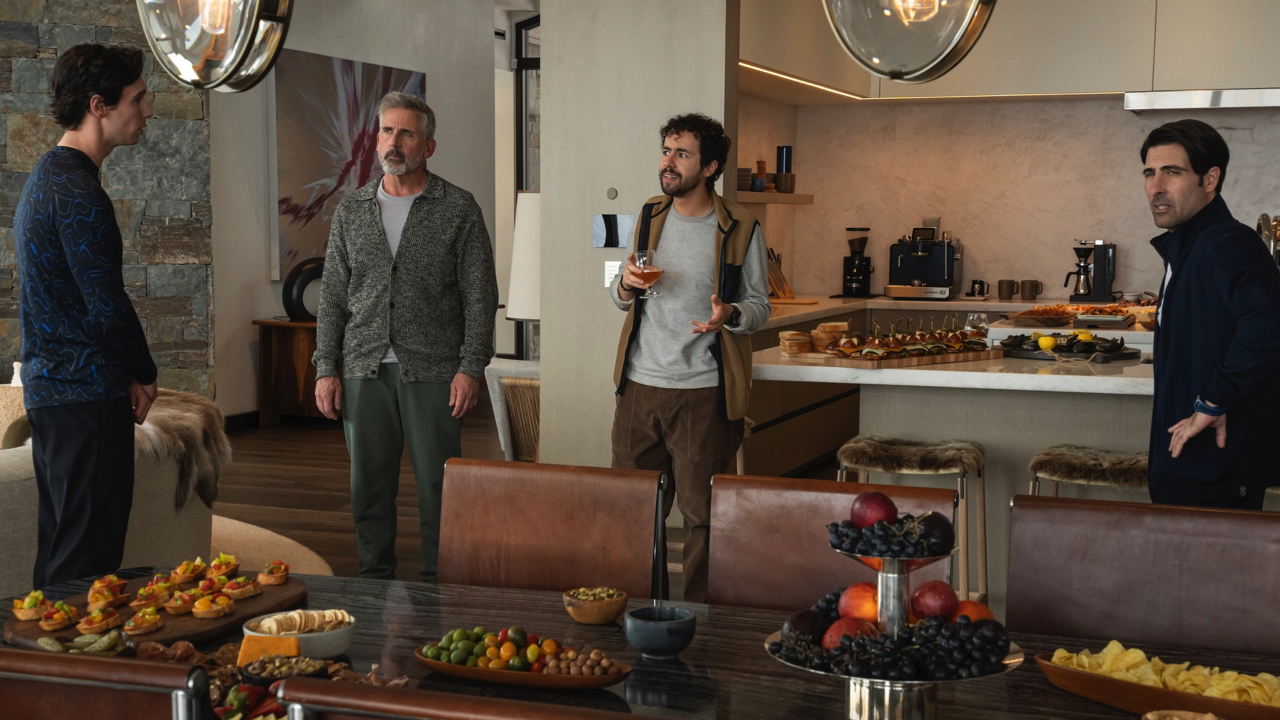 (L to R) Cory Michael Smith, Steve Carell, Ramy Youssef, Jason Schwartzman in 'Mountainhead.' Photo: Macall Polay/HBO.