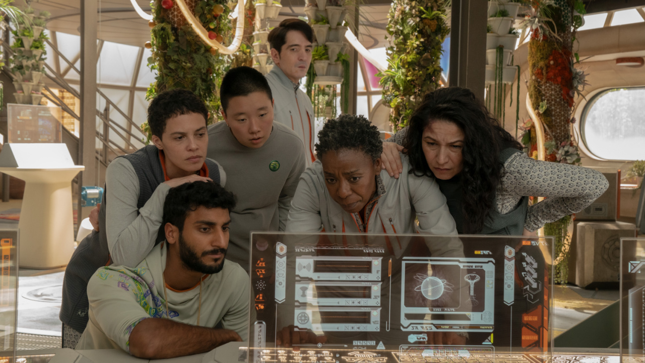 (L to R) Akshay Khanna, Tattiawna Jones, Sabrina Wu, David Dastmalchian, Noma Dumezweni and Tamara Podemski in 'Murderbot,' premiering May 16, 2025 on Apple TV+.