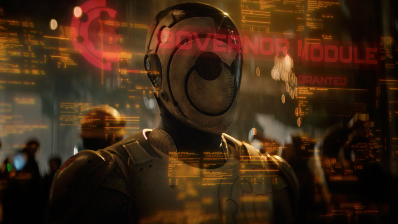Alexander Skarsgård in 'Murderbot,' premiering May 16, 2025 on Apple TV+.
