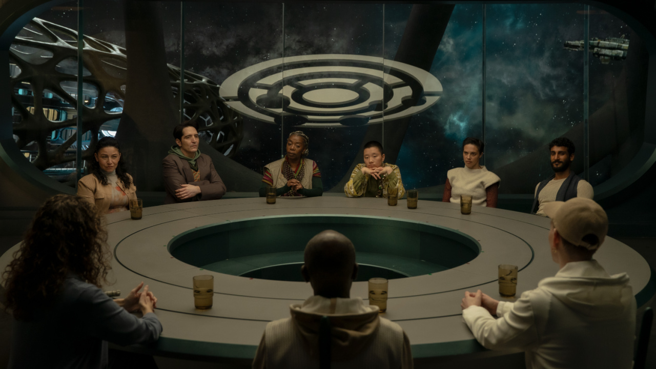 (L to R) Tamara Podemski, David Dastmalchian, Noma Dumezweni, Sabrina Wu, Tattiawna Jones and Akshay Khanna in 'Murderbot,' premiering May 16, 2025 on Apple TV+.