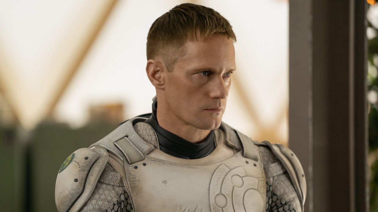 Alexander Skarsgård in 'Murderbot,' premiering May 16, 2025 on Apple TV+.