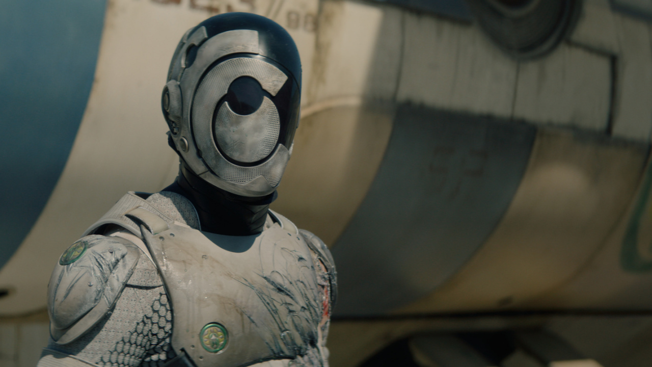 Alexander Skarsgård in 'Murderbot,' premiering May 16, 2025 on Apple TV+.