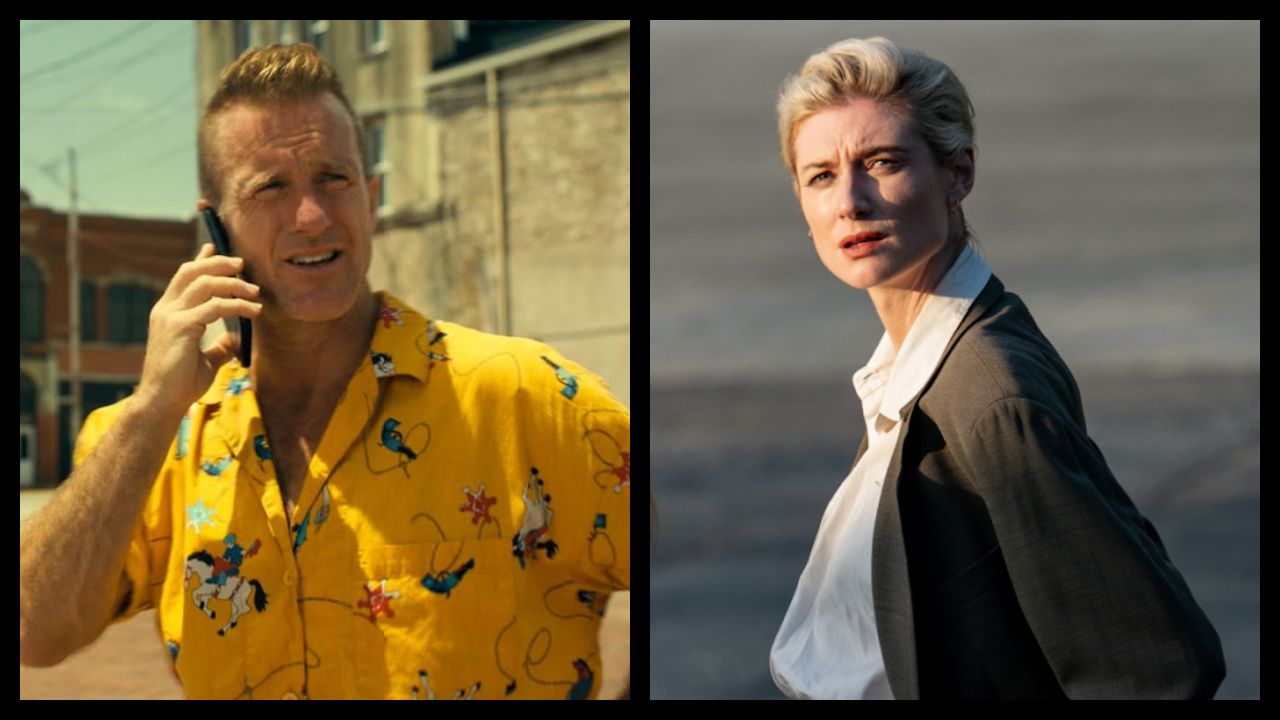 (Left) Scott Caan as Jackie Powers in the action/thriller, 'One Day as a Lion,' a Lionsgate release. Photo courtesy of Lionsgate. (Right) Mia Goth and Elizabeth Debicki in 'Maxxxine'. Photo: Starmaker Studios LLC.