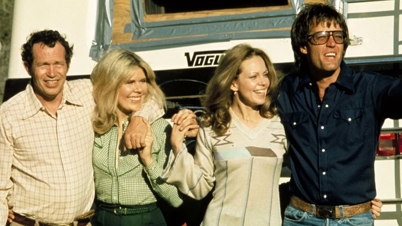 (L to R) Warren Oates, Loretta Swit, Lara Parker and Peter Fonda in 'Race with the Devil'. Photo: 20th Century Fox.