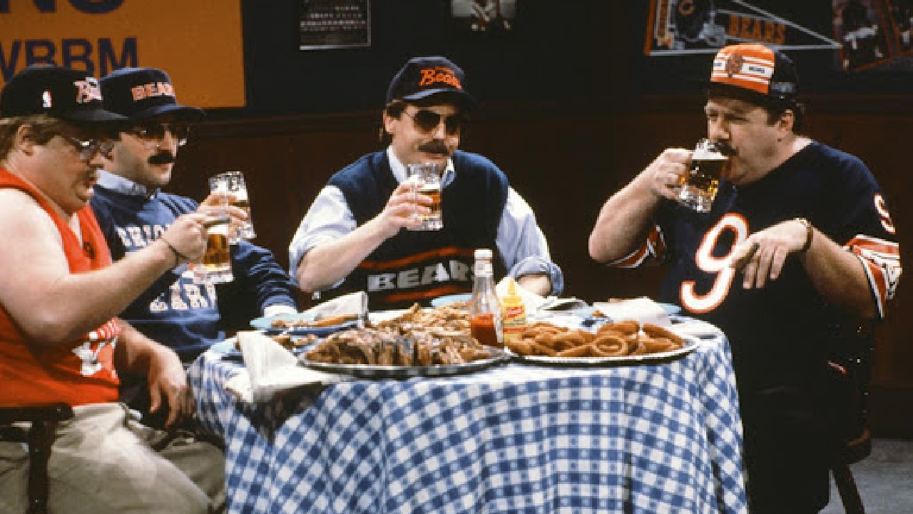 (L to R) Chris Farley, Robert Smigel, Mike Myers and George Wendt on 'Saturday Night Live'. Photo: Broadway Video.