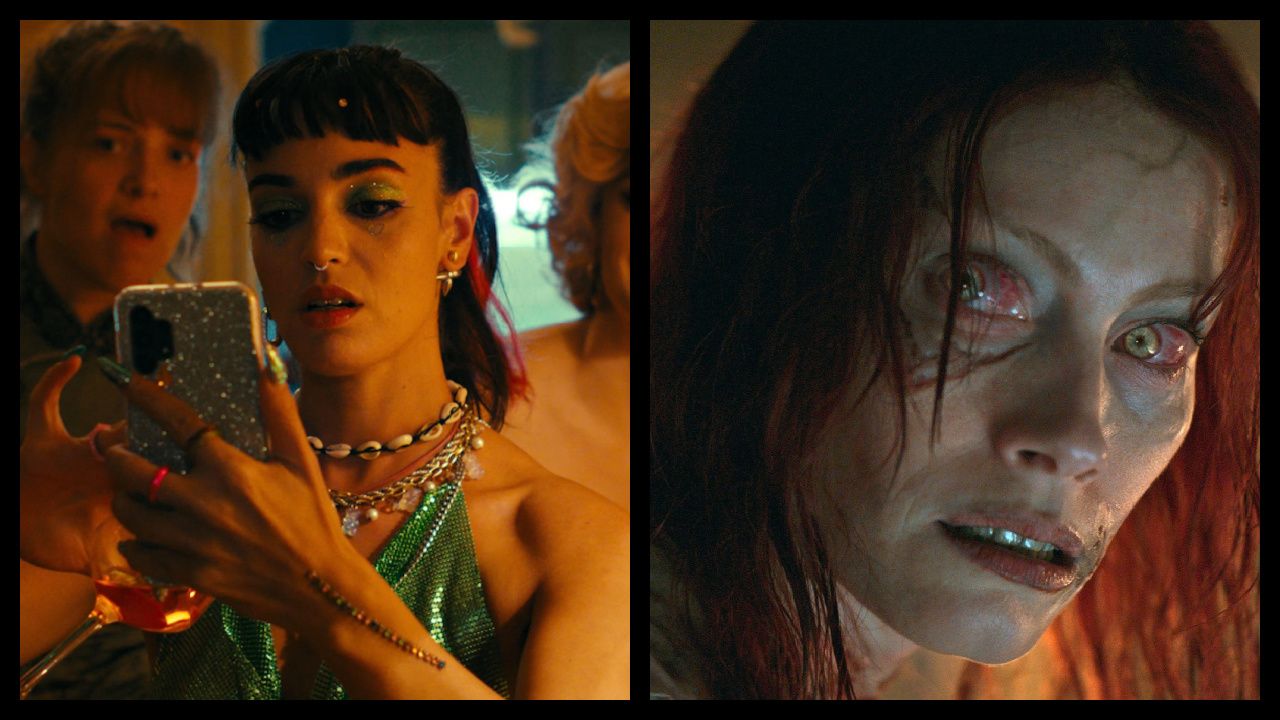 (Left) Souheila Yacoub in 'The Balconettes'. Photo: Tandem. (Right) Alyssa Sutherland as Ellie in New Line Cinema’s horror film 'Evil Dead Rise,”' a Warner Bros. Pictures release. © 2022 Warner Bros. Entertainment Inc. All Rights Reserved.