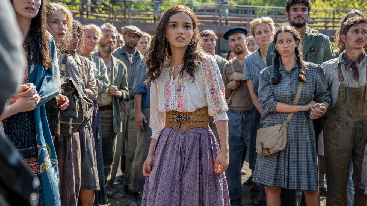 (L to R) Honor Gillies as Barb Azure, Konstantin Taffet as Clerk Carmine and Rachel Zegler as Lucy Gray Baird in 'The Hunger Games: The Ballad of Songbirds and Snakes.' Photo Credit: Murray Close.