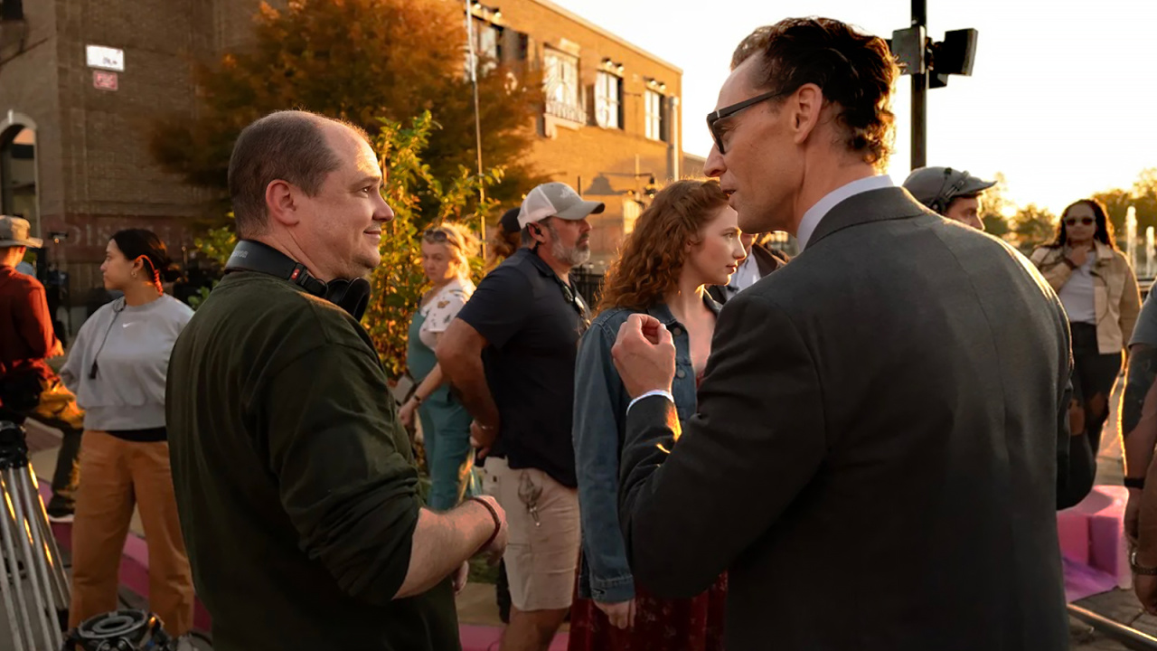 (L to R) Director Mike Flanagan and Tom Hiddleston on the set of 'The Life of Chuck'. Photo: Neon.