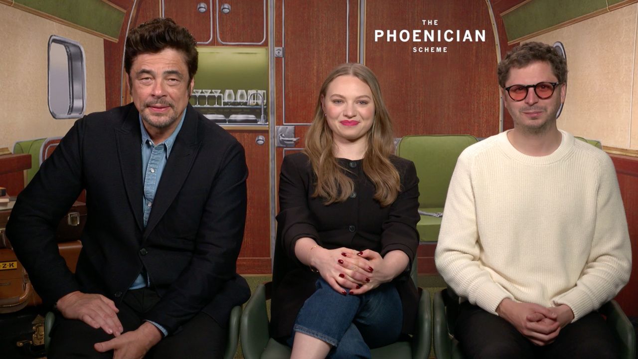 (L to R) Benicio Del Toro, Mia Threapleton and Michael Cera star in 'The Phoenician Scheme'.