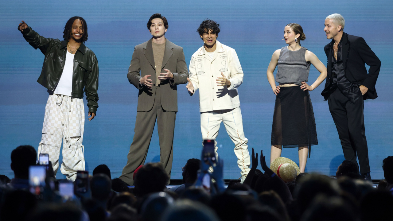 (L to R) Jacob Romero, Mackenyu, IÒaki Godoy, Emily Rudd, and Taz Skylar speak onstage during Netflix TUDUM 2025: The Live Event at The Kia Forum on May 31, 2025 in Inglewood, California. Photo: Kevin Mazur/Getty Images for Netflix.