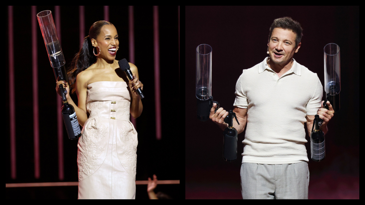 (Left) Kerry Washington speaks onstage during Netflix TUDUM 2025: The Live Event at The Kia Forum on May 31, 2025 in Inglewood, California. Photo: Kevin Mazur/Getty Images for Netflix. (Right) Jeremy Renner speaks onstage during Netflix TUDUM 2025: The Live Event at The Kia Forum on May 31, 2025 in Inglewood, California. Photo: Kevin Mazur/Getty Images for Netflix.