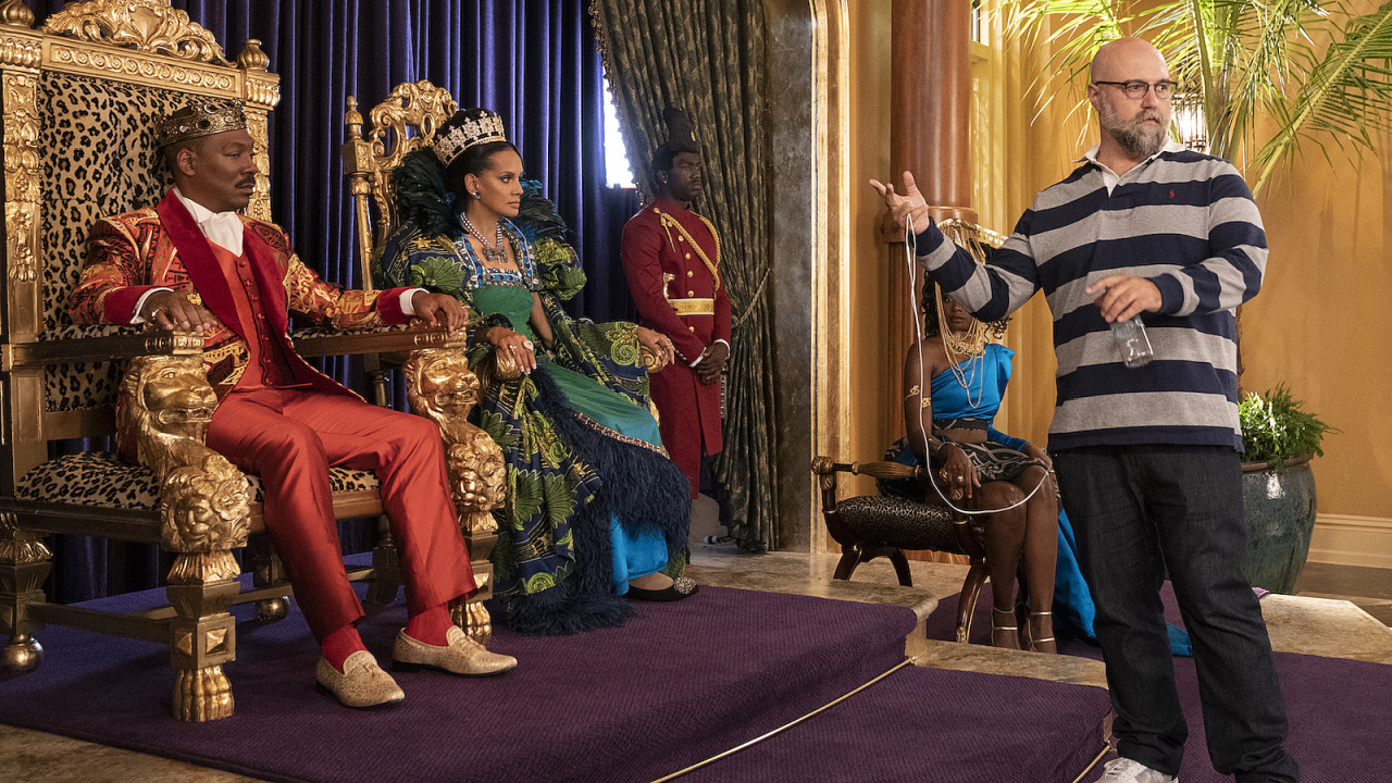 (Left) Eddie Murphy, Shari Headley and director Craig Brewer on the set of 'Coming 2 America'. Photo: Amazon Prime Video.