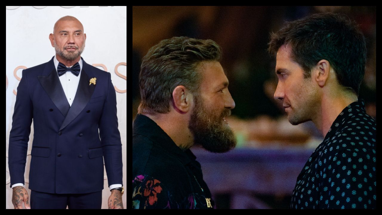 (Left) Dave Bautista arrives on the red carpet of the 97th Oscars® at the Dolby® Theatre at Ovation Hollywood on Sunday, March 2, 2025. Credit/Provider: Etienne Laurent / The Academy. Copyright: ©A.M.P.A.S. (Right) Conor McGregor and Jake Gyllenhaal stars in 'Roadhouse.' Photo: Laura Radford © Amazon Content Services LLC.