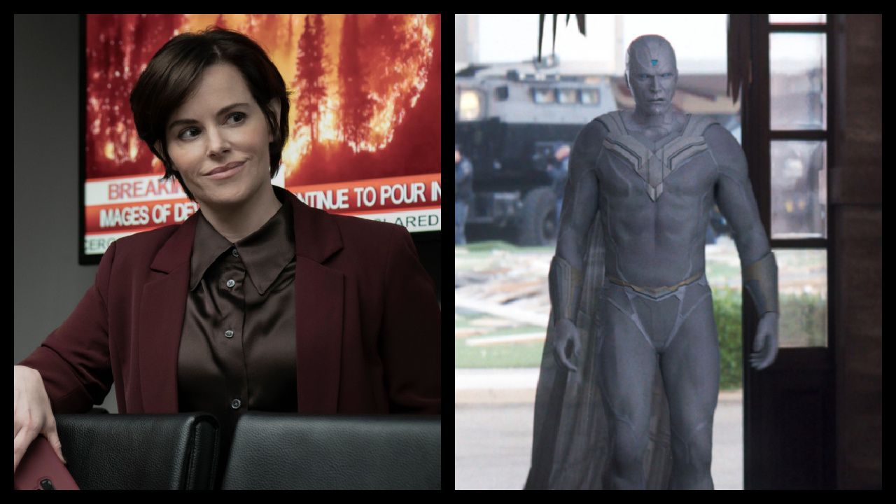 (Left) Emily Hampshire in Caitlin Cronenberg's 'Humane.' Courtesy of Steve Wilkie. An IFC Films & Shudder Release. (Right) Paul Bettany as The Vision in Marvel Studios' 'Wandavision' exclusively on Disney+. Photo courtesy of Marvel Studios. ©Marvel Studios 2021. All Rights Reserved.