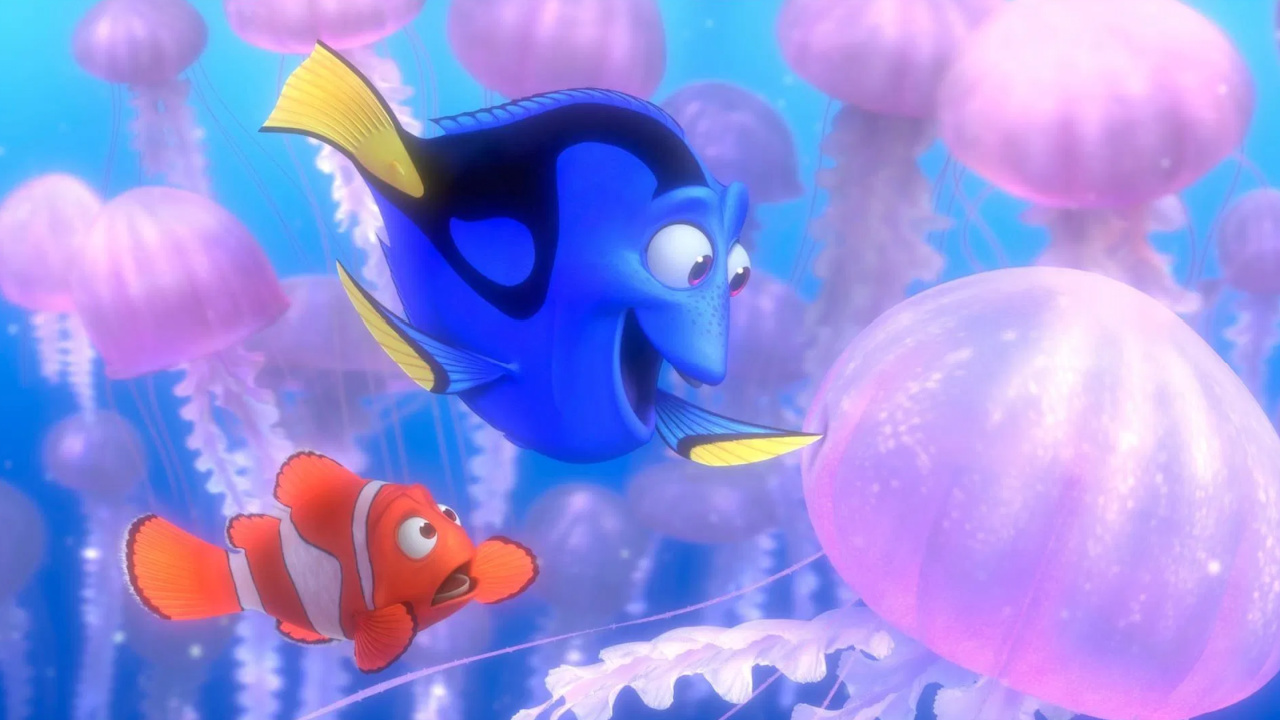 (L to R) Albert Brooks voices Marlin and Ellen DeGeneres voices Dory in 'Finding Nemo'. Photo: Pixar Studios.