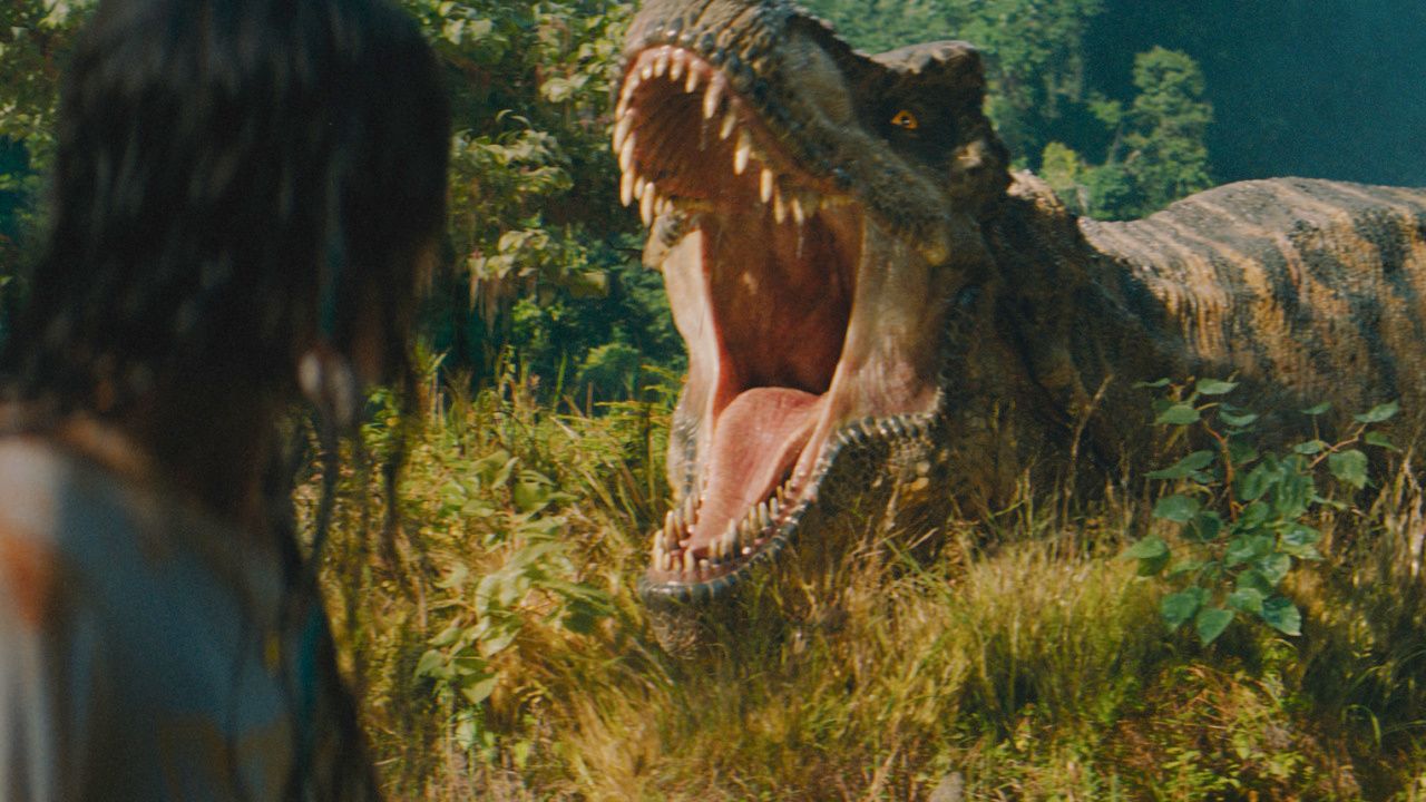 (L to R) Luna Blaise and the T-Rex in 'Jurassic World Rebirth', directed by Gareth Edwards. Photo: Universal Pictures.