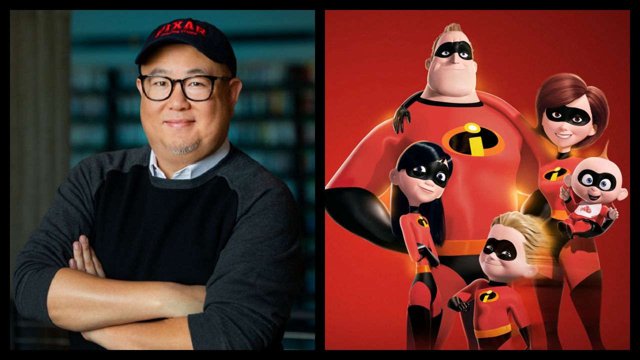 (Left) Director Peter Sohn at Pixar Animation Studios in Emeryville, Calif. Photo by Deborah Coleman/Pixar. (Right) The Incredibles in 2004's 'The Incredibles'. Photo: Pixar Animation Studios.