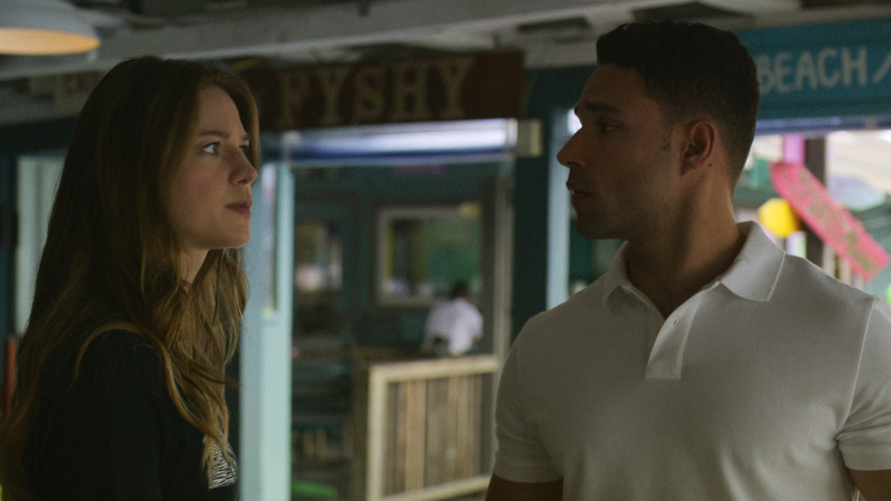 (L to R) Melissa Benoist as Bree Buckley, Rafael Silva as Shawn West in episode 102 of 'The Waterfront.' Photo: Courtesy of Netflix © 2025.