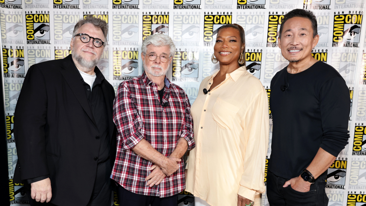 (L to R) Guillermo del Toro, George Lucas, Queen Latifah and Doug Chiang seen at the Lucas Museum of Narrative Art panel at Comic-Con International 2025 at San Diego Convention Center on July 27, 2025 in San Diego, California. Photo by Eric Charbonneau / Lucas Museum of Narrative Art via Getty Images.