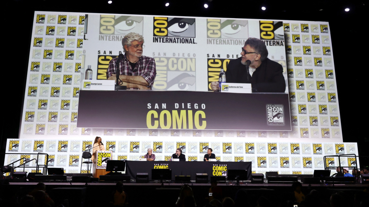 (L to R) Queen Latifah, George Lucas, Guillermo del Toro and Doug Chiang seen at the Lucas Museum of Narrative Art panel at Comic-Con International 2025 at San Diego Convention Center on July 27, 2025 in San Diego, California. Photo by Eric Charbonneau / Lucas Museum of Narrative Art via Getty Images.